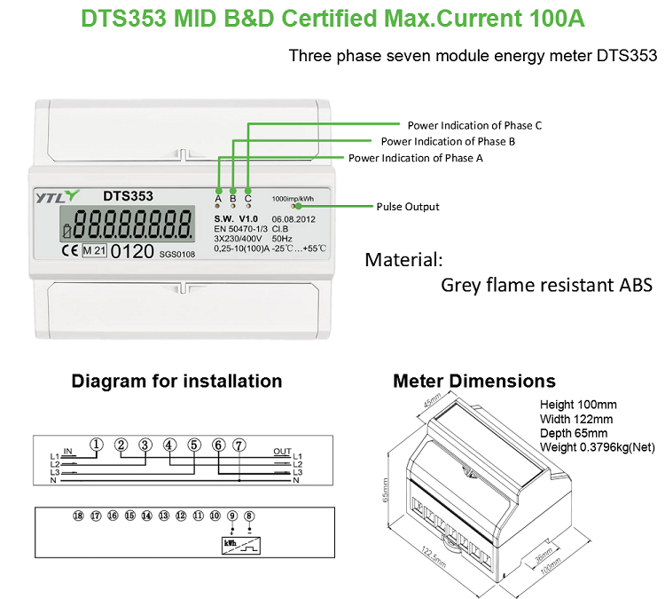 YTL DTS353 DIN Rail Three Phase Power Meter Company MID