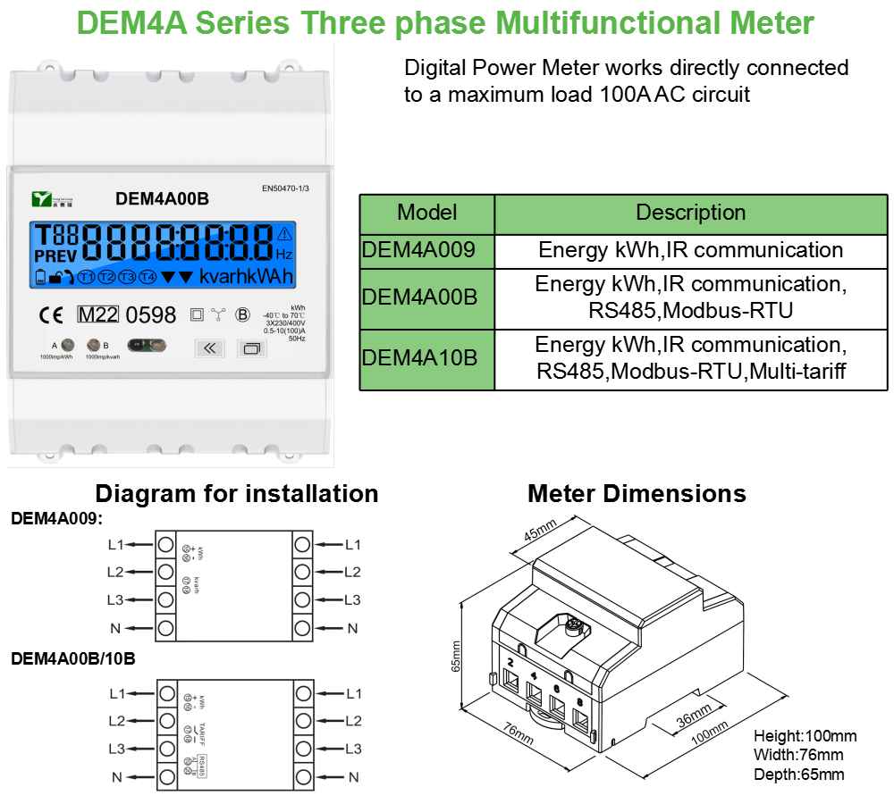 YTL DEM4A 100A Energy meter with RS485 Communication